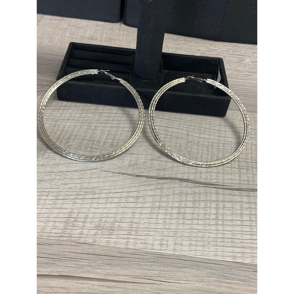 Large Silver Tone Braided Triple Strand Hoop Earrings 3.75 Inch Statement Hoops‎